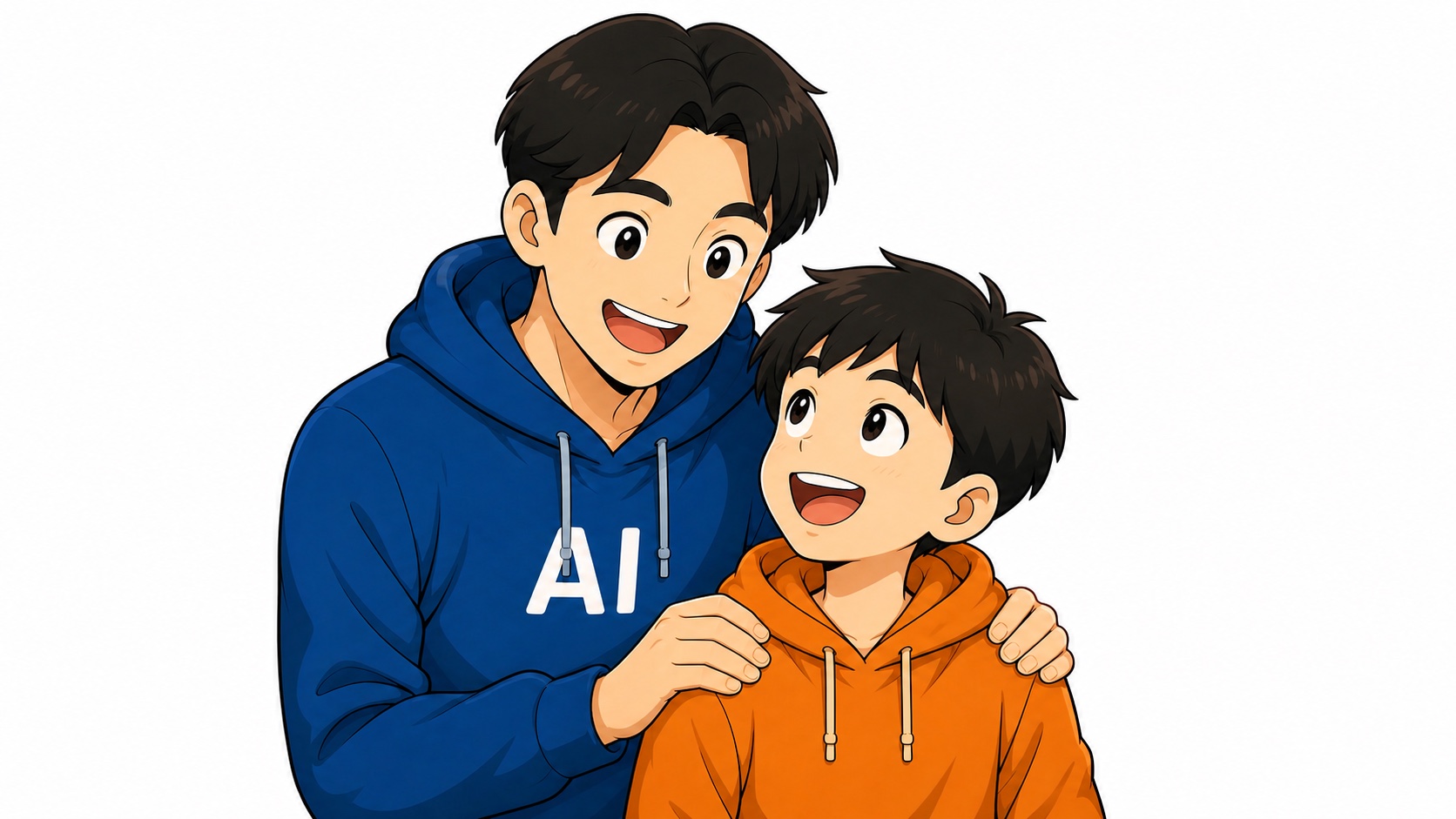 AI Father smiling with a child in an orange hoodie