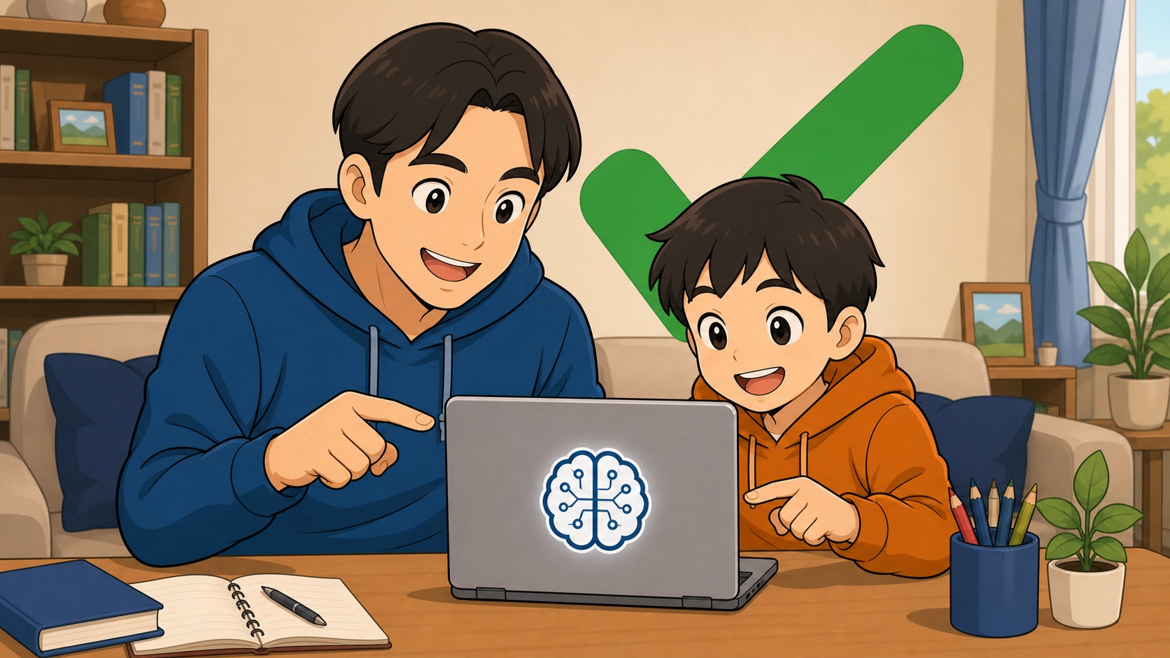 Father and child happily learning together with AI